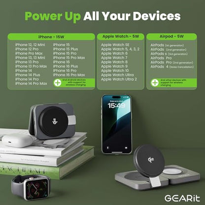 GEARit 3-in-1 Wireless Charging Station - Qi2 MagSafe Charger Stand for Phone, Watch and Earbuds - Works with iPhone 15, 16, 16 Pro, Pro Max, Apple Watch, Airpods, Samsung Galaxy and Multiple Devices