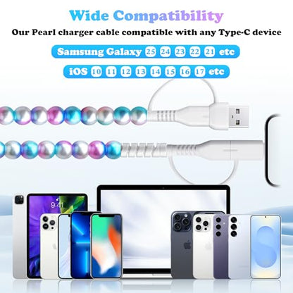 USB C Charging Cable Beaded Charger Cord 4 in 1 [MFi Certified] - color: Pearl 4 in 1