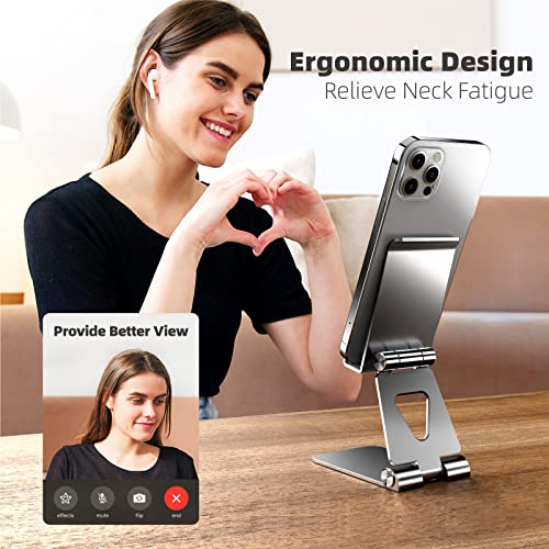 Cell Phone Stand Holder Adjustable Increase Fully Foldable Thick Aluminum Desktop Cellphone Cradle (Silver)