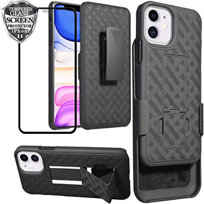 for iPhone 11 Belt Clip Case, Stand Holster Screen Protector-Black | Swivel Kickstand Holder, Slim Shell Slide Pouch Full Body Protective, Rugged Heavy Duty Shockproof Outdoor Cell Phone Cover