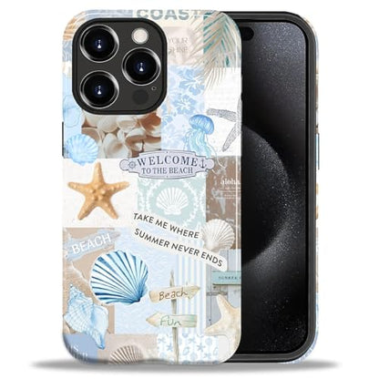 Case Compatible with iPhone 15 Pro Max, Cute Dual Layer Hybrid Phone Cover, Military Grade Drop Protection, Aesthetic Shockproof Phone Case for Women Girls, Boho Beach Summer Collage - color: Boho Beach Summer Collage, size: Iphone 15 Pro Max