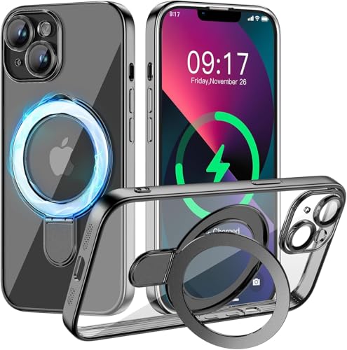 Magnetic for iPhone 13 Case with Invisible Stand[Compatible with MagSafe][Full Camera Lens Protector][Military Drop Protection] Shockproof Not Yellowing Clear Slim Soft for Women Men - color: Black, size: iPhone 13