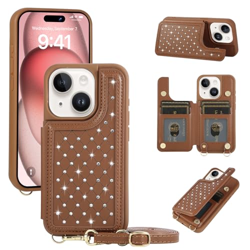 for iPhone 11 Wallet Case with Card Holder Slots and Strap, RFID Blocking Magnetic Flip Folio Cover, Crossbody Purse Protection Case with Kickstand,Brown Diamond - color: Brown Diamond, size: iPhone 11(6.1")