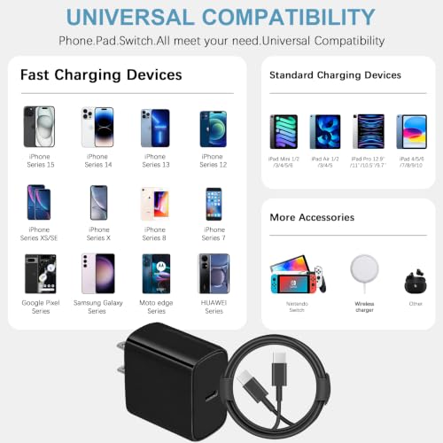 3FT iPhone 17 16 15 Charger Fast Charging USB C Charger Block - color: Black, size: 3FT