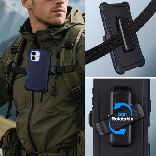 Defender for iPhone 16 Case with Belt Clip, Screen Protector Included | Military Grade Drop Protection, Rugged Shockproof Anti-Drop Full Body Protective Case for iPhone 16 6.1 Inch, Navy Blue - color: Navy+Blue