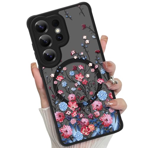 Magnetic for Samsung Galaxy S26 Ultra Case,Red Floral Flower | Compatible with MagSafe,Cute Fashion Translucent Matte Hard Back Shockproof Anti-Scratch Phone Case - color: Red, size: Samsung Galaxy S26 Ultra