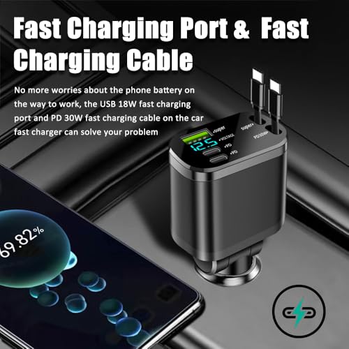 5 in 1 Retractable Car Charger Adapter,Upgraded Car Phone Charger with PD 30W Cable & USB Fast Charging Port,Universal USBs & USB C Cars Chargers Compatible with Android and iPhone