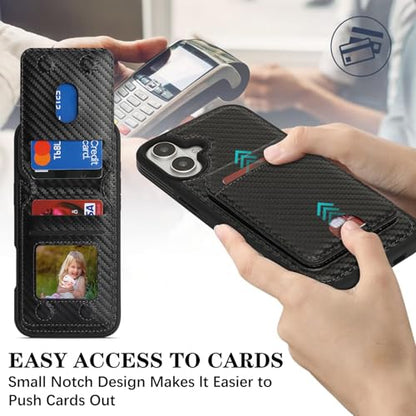 Ｈａｖａｙａ Carbon Fiber Wallet Case for iPhone 16 - Black | Carbon fiber, detachable wallet, 5-card slots & kickstand, MagSafe 15W fast charge, raised bezels - color: Black