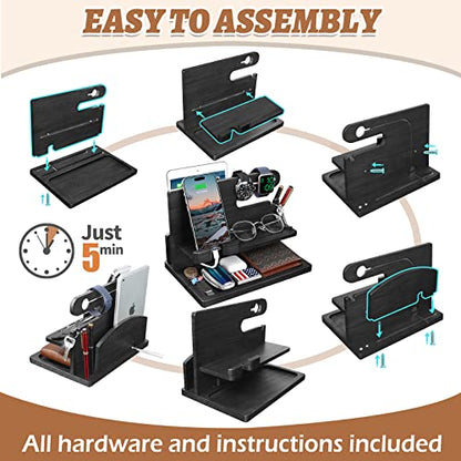 Gifts for Men Wood Phone Docking Station for Men Nightstand Organizer Gifts for Dad Charging Station Cell Phone Stand Desk Organizer Gifts for Husband Boyfriend Brother Son (Black)
