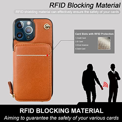 Bocasal Multi-Slot Crossbody Wallet Case for iPhone 12 Pro Max, Brown | RFID Blocking PU Leather Purse Case with Card Holder, Handbag Flip Cover with Zipper Wrist Strap Lanyard for Women 6.7 Inch - color: Brown