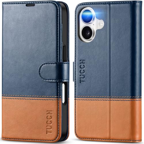 TUCCH Wallet Case for iPhone 17 (6.3") 2025, 4 Card Holders, Blue & Brown | RFID Blocking, Viewing Stand, Shockproof TPU Shell, PU Leather, Magnetic Closure, Protective Folio Flip Cover - color: Two-tone Blue & Brown