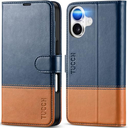 TUCCH Wallet Case for iPhone 17 (6.3") 2025, 4 Card Holders, Blue & Brown | RFID Blocking, Viewing Stand, Shockproof TPU Shell, PU Leather, Magnetic Closure, Protective Folio Flip Cover - color: Two-tone Blue & Brown