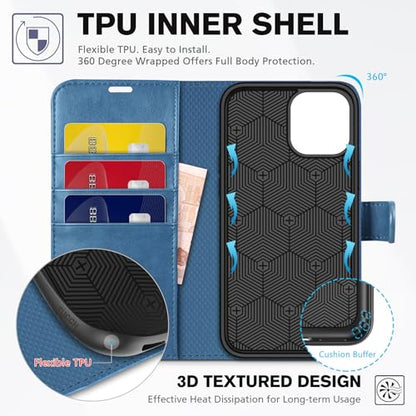 TUCCH Case Wallet for iPhone 12 Pro/12 6.1", RFID Blocking Folio, Lake Blue | 3 Card Holders, Kickstand, PU Leather, Magnetic Closure, Shockproof TPU Shell, Protective Flip Cover - color: Lake Blue