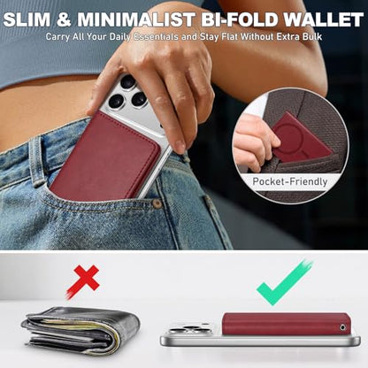 TUCCH for Magsafe Wallet, 6 Card Holders with RFID Blocking, Dark Red | for iPhone 17/17e/16/15/14/13/12 Pro/Pro Max/Plus, Clear ID Window, Magnetic Closure, PU Leather - color: Dark Red