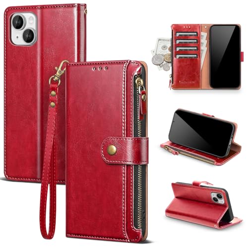 Compatible with iPhone 13 Wallet Case with Card Holder RFID Blocking Zipper Poket PU Leather Flip Phone Case with Wrist Strap Credit Card Slots Men Women,for Apple 13 6.1",Red - color: Red, size: iPhone 13 - 6.1"