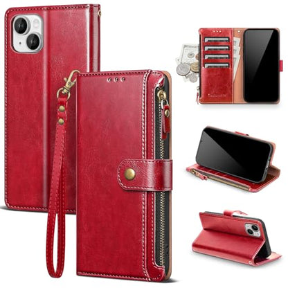 Compatible with iPhone 13 Wallet Case with Card Holder RFID Blocking Zipper Poket PU Leather Flip Phone Case with Wrist Strap Credit Card Slots Men Women,for Apple 13 6.1",Red - color: Red, size: iPhone 13 - 6.1"
