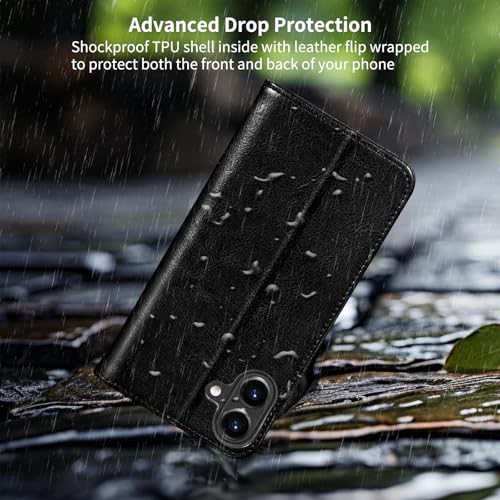 Belemay Compatible with iPhone 16 Plus Case Wallet, Durable Genuine Leather, RFID Blocking Card Holders, Shockproof TPU Shell, Kickstand, Drop Protection, Protective Flip Cover 6.7", Black - color: Black, size: iPhone 16 Plus