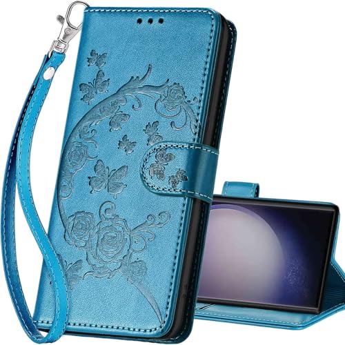 for Samsung Galaxy S24 Ultra Wallet case, Blue-Flower | 3 Card Holders, Kickstand, Shockproof TPU Shell, PU Leather, Magnetic Closure, Protective Flip Folio Cover, Women - color: 7