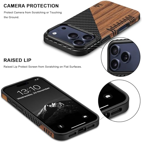 TENDLIN Compatible with iPhone 17 Pro Max Case Wood Grain with Carbon Fiber Texture Design Leather Hybrid Slim Case (Twill) - color: Twill, size: iPhone 17 Pro Max