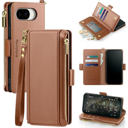 Antsturdy Compatible with Google Pixel 10a Wallet Case with Card Holder Women Men Phone Case RFID Blocking PU Leather Flip Cover Wrist Strap Zipper Credit Card Slots,Light Brown - color: Light Brown, size: Google Pixel 10a - 6.3"