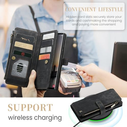 Samsung Galaxy S24 Ultra 5G Wallet Case with Card Holder Kickstand Magnetic Zipper Pocket Lanyard Strap Wristlet,Leather Flip Case Wallet for Samsung Galaxy S24 Ultra 5G 6.8 Inch(Black) - color: Black, size: S24 Ultra 6.8 Inch