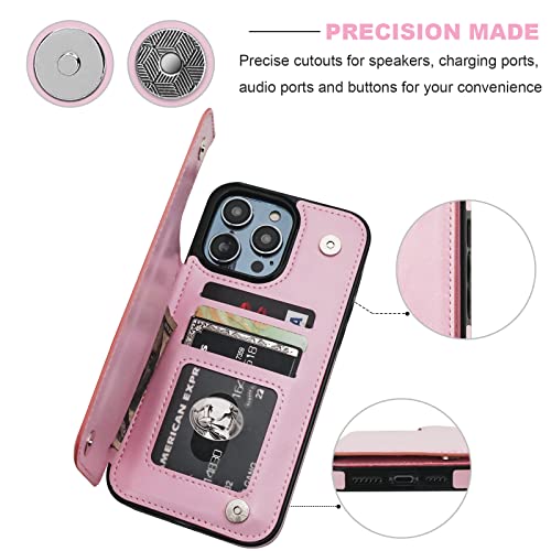 ONETOP for iPhone 14 Pro Max Wallet Case with Credit Card Holder,Pink | Kickstand,ID/Cash Holder,Case Wallet with Card Slots,Double Magnetic Clasp,Durable PU Leather Shockproof Cover for Women Men - color: Pink