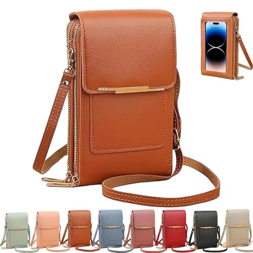 Touchscreen Phone Crossbody Bag, Women's Touch Screen Mobile Phone Messenger bag, Anti Theft Leather Bag - color: Brown