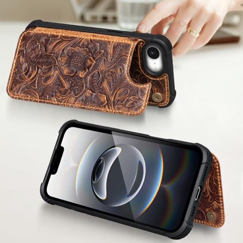Wallet Real Leather Case Compatible with iPhone 16e/17e 6.1" Brown | Genuine Leather,Shockproof, Anti-Fall Case,Flip Cover,with Card Slot,Double Magnetic Buckle,Kickstand,RFID Blocking Brown - color: Brown, size: 6.1"-16e