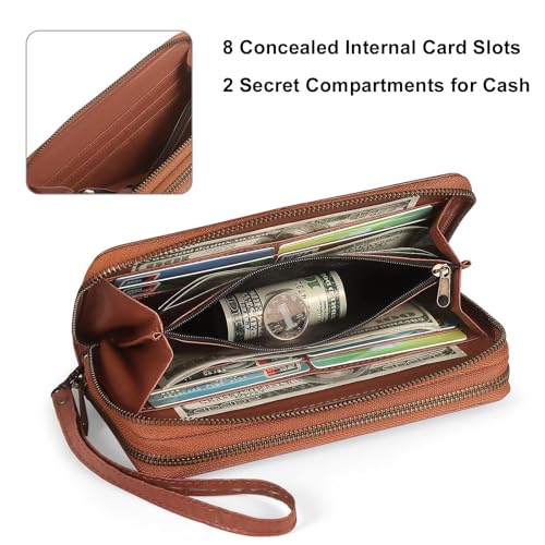 Double Zipper Wallet RFID Blocking Cellphone Wristlet for Women Large Capacity Multi Card Clutch Purse with Removable Strap, Grey Linen Brown - color: Grey Linen Brown
