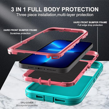 YKHJKLEC for iPhone 13 Pro Max Case, Military Grade 3 in 1 Heavy Duty Shockproof/Drop Proof/Dust Proof Case with 2Pcs Tempered Glass Screen Protector (Aqua Blue/Pink) - color: Aqua Blue/Pink