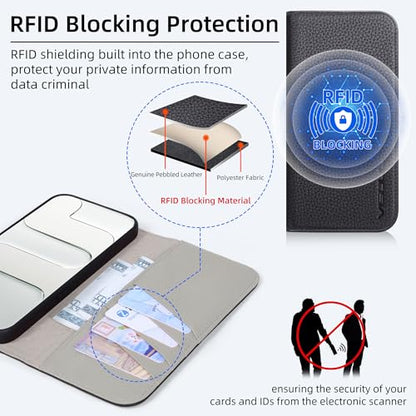 VISOUL Pebbled Leather Wallet Case for iPhone 17 Pro Max 6.9" 2025, Genuine Leather Flip Folio Cover with RFID Blocking Card Holders, Kickstand, Soft TPU Protective Flip Cover -Black+Gray - color: Black+Gray