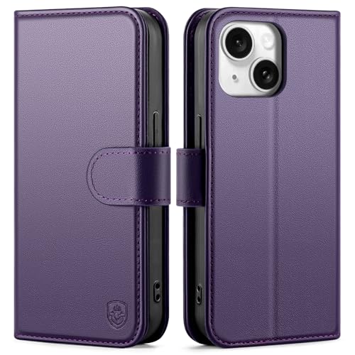 Compatible with iPhone 14 Genuine Leather Case Wallet with Card Holder,Women Men Real Leather Flip Folio RFID Blocking Credit Card Slots Kickstand Phone Cover,for Apple 14 6.1",Purple - color: Purple, size: iPhone 14 - 6.1"