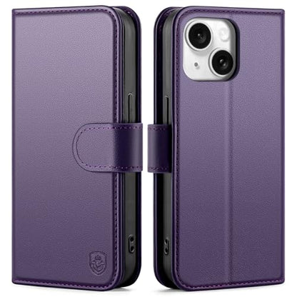 Compatible with iPhone 14 Genuine Leather Case Wallet with Card Holder,Women Men Real Leather Flip Folio RFID Blocking Credit Card Slots Kickstand Phone Cover,for Apple 14 6.1",Purple - color: Purple, size: iPhone 14 - 6.1"