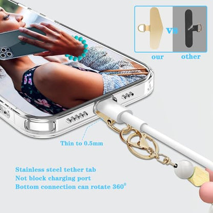 Silicone Beaded Phone Wrist Strap, Phone Bracelet Strap with Tether Tab Elastic Hands Free Wristlet Strap - color: Pink White