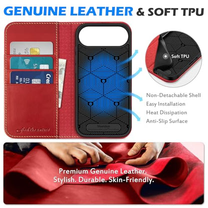 SHIELDON Genuine Leather Case Wallet for iPhone Air 6.5" 2025, Retro Red | Magnetic Closure, RFID Blocking, Credit Card Slot, Kickstand, Flip Book Design, Shockproof Phone Cover - color: Retro Red