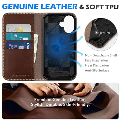 SHIELDON Genuine Leather Flip Wallet Case for iPhone 16 6.1", Retro Coffee | RFID Blocking, Credit Card Holder, Magnetic Closure, Kickstand, Folio Design, Soft Shock-Absorbent Phone Cover - color: Retro Coffee