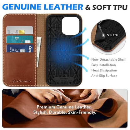 SHIELDON Genuine Leather Case Wallet for iPhone 15 Pro Max, Retro Brown | Magnetic Closure, RFID Blocking, Credit Card Slot, Kickstand, Flip Book Design, Shockproof TPU Phone Cover - color: Retro Brown