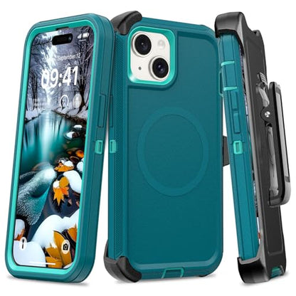 TUTUKII Magnetic for iPhone iPhone 15, 14 & 13 Case with Belt Clip Holster Dark Green - color: Green with Clip