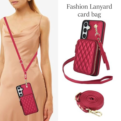 Asuwish Phone Case for Samsung Galaxy S25 5G Wallet Cell Cover with Tempered Glass Screen Protector Wrist Crossbody Strap RFID Blocking Credit Card Holder Slot S 25 25S 25 25S SM-S931U Women Girls Red - color: Red