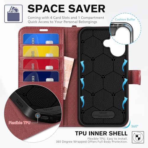 TUCCH Wallet Case with Wrist Strap for iPhone 16 (6.1") 2024, Dark Red | 4 Card Holders, RFID Blocking, Viewing Stand, Shockproof TPU Shell, PU Leather, Magnetic Closure, Folio Flip Cover - color: Strap - Dark Red