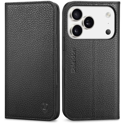 SHIELDON Genuine Leather Case Wallet for iPhone 17 Pro 6.3", Pebbled Black | Magnetic Closure, RFID Blocking, Credit Card Slot, Viewing Stand, Foldable Design, Shockproof TPU Phone Cover - color: Pebbled Black
