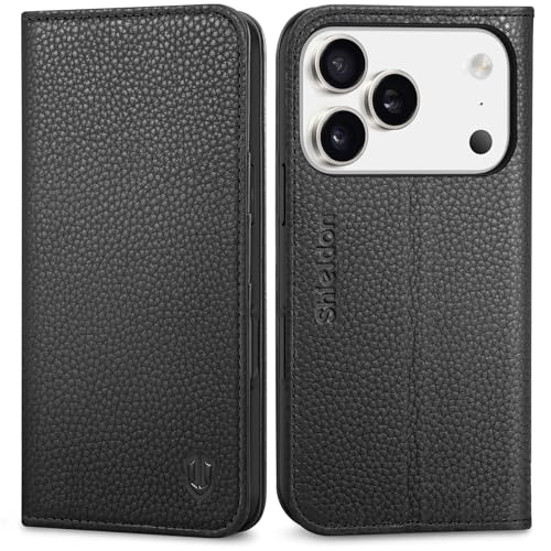 SHIELDON Genuine Leather Case Wallet for iPhone 17 Pro 6.3", Pebbled Black | Magnetic Closure, RFID Blocking, Credit Card Slot, Viewing Stand, Foldable Design, Shockproof TPU Phone Cover - color: Pebbled Black