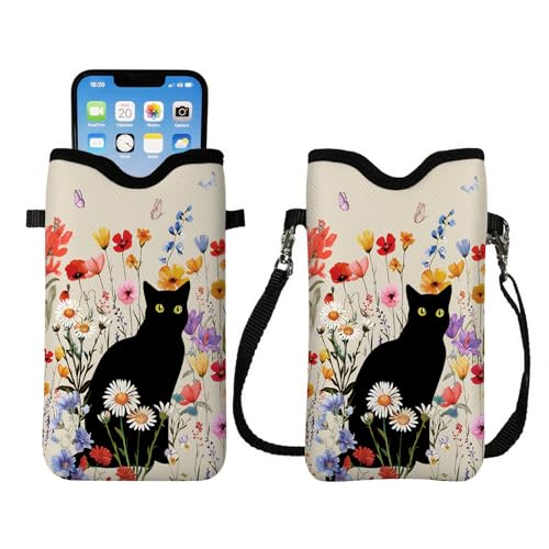 Cell Phone Sleeve Pouch with Adjustable Strap - Cat with Floral - color: Black Cat With Flowers