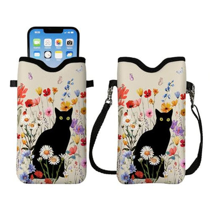 Cell Phone Sleeve Pouch with Adjustable Strap - Cat with Floral - color: Black Cat With Flowers