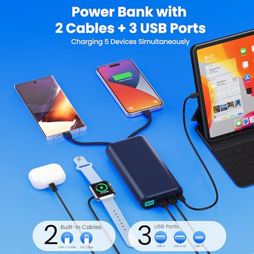 Portable Charger 40,800mAh Power Bank with Built-in Cables,5 USB Output Battery Pack Backup,25W PD Fast Phone Charging Travel Essential Outdoor for iPhone 18 Pro MAX/17/16/15,Android Galaxy Pixel-Blue - color: B-Navy