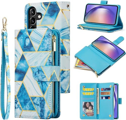UEEBAI Wallet Case for Samsung Galaxy S24 Plus/S25 Plus 5G, PU Leather Wallet Magnetic Closure Handbag Zipper Pocket Cover Kickstand Card Slots with Hand Strap Marble Flip Case Women - Marble Blue - color: Marble Blue, size: Samsung Galaxy S24 Plus/S25 Pl