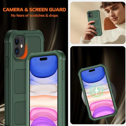 for iPhone 11 Case with Belt Clip Holster,Anti-Drop Shockproof Bumper Phone Cases w/2x Screen Protectors & Kickstand,Rugged Heavy Duty Military Grade Protective Defender Cover (Dark Green) - color: Dark Green W/Belt Clip