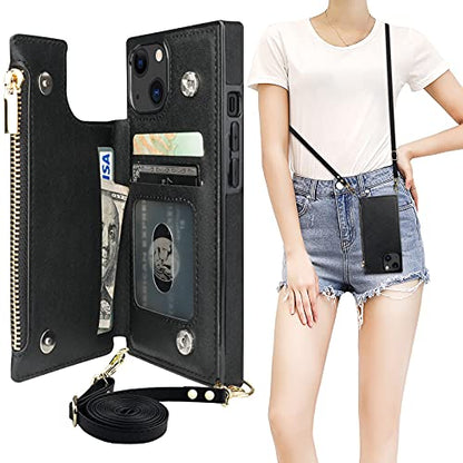 Bocasal Crossbody Wallet Case with Strap for iPhone 13/14, Black | RFID Blocking Card Slot Holder, Magnetic Flip Folio Purse Case, PU Leather Zipper Handbag Detachable Lanyard Strap 6.1 Inch - color: Black