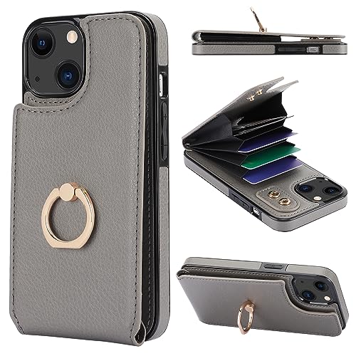 Folosu Compatible with iPhone 13 Case Wallet with Card Holder, 360°Rotation Finger Ring Holder Kickstand Protective RFID Blocking PU Leather Double Buttons Flip Shockproof Cover 6.1 Inch Gray - color: Gray