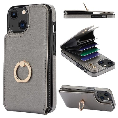 Folosu Compatible with iPhone 13 Case Wallet with Card Holder, 360°Rotation Finger Ring Holder Kickstand Protective RFID Blocking PU Leather Double Buttons Flip Shockproof Cover 6.1 Inch Gray - color: Gray
